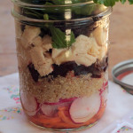 quinoa salad with chicken, carrots and beets in a mason jar